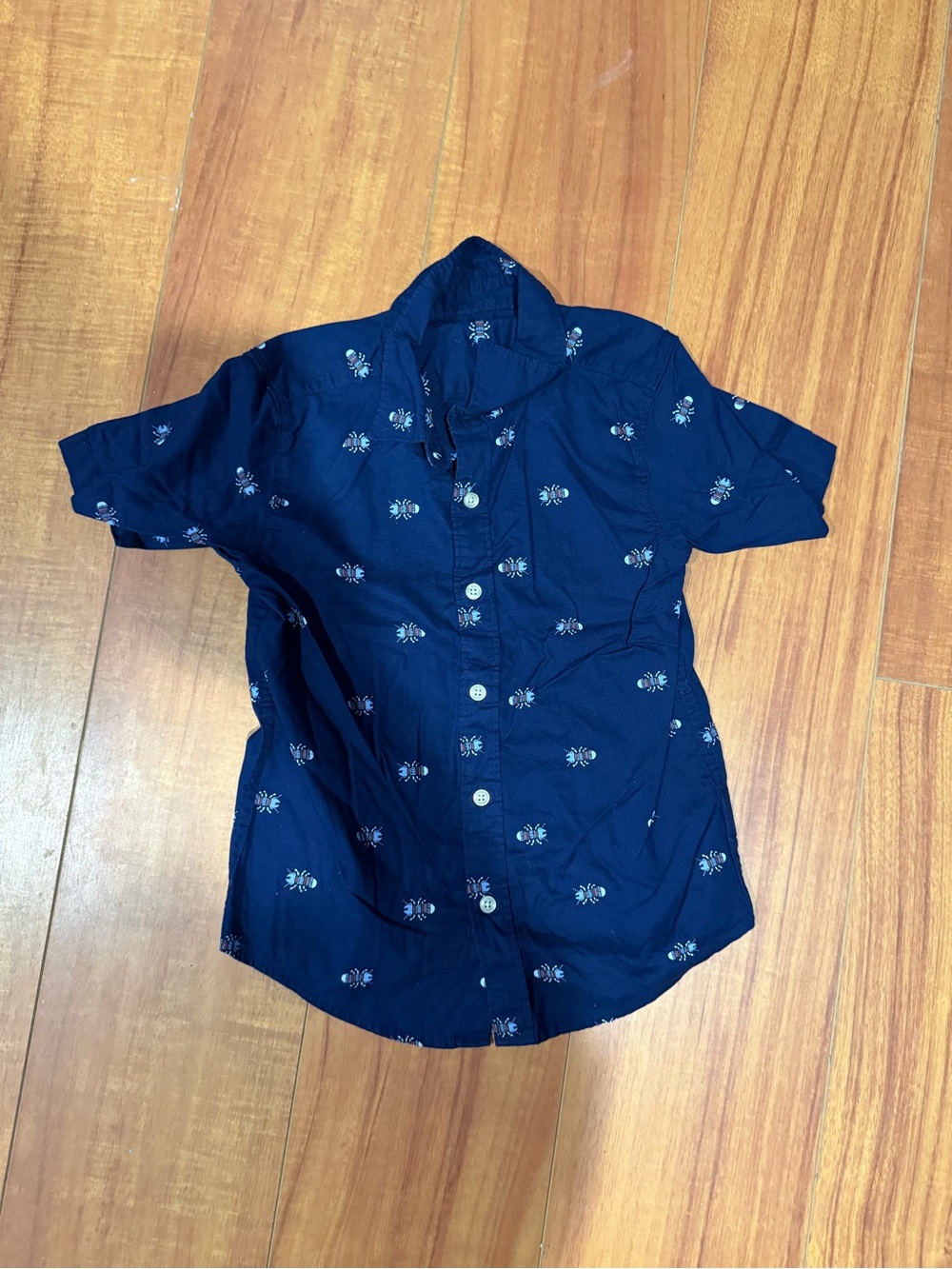 Navy Short-Sleeve Button-Up Shirt with bug design